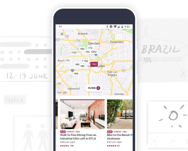 An android mobile in the foreground. In the background are hand-drawn illustrations of a calendar and Airbnb’s search criteria. In the mobile screen is Airbnb’s search experience showing a map and some price pins. There are two Airbnb plus listings, an image of a living room with brick walls and another image of an Airstream. 